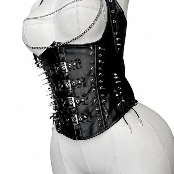Black Custom Faux Leather Spiked Underbust Corset with Stainless Steel Chains - Picture 4 of 8